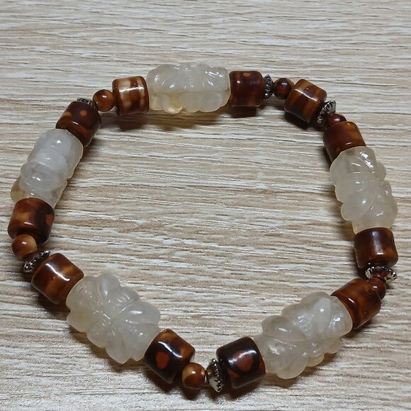 Hand Crafted Handmade Beaded Unisex Stretch Bracelet Brown & White #16 - Picture 7 of 11